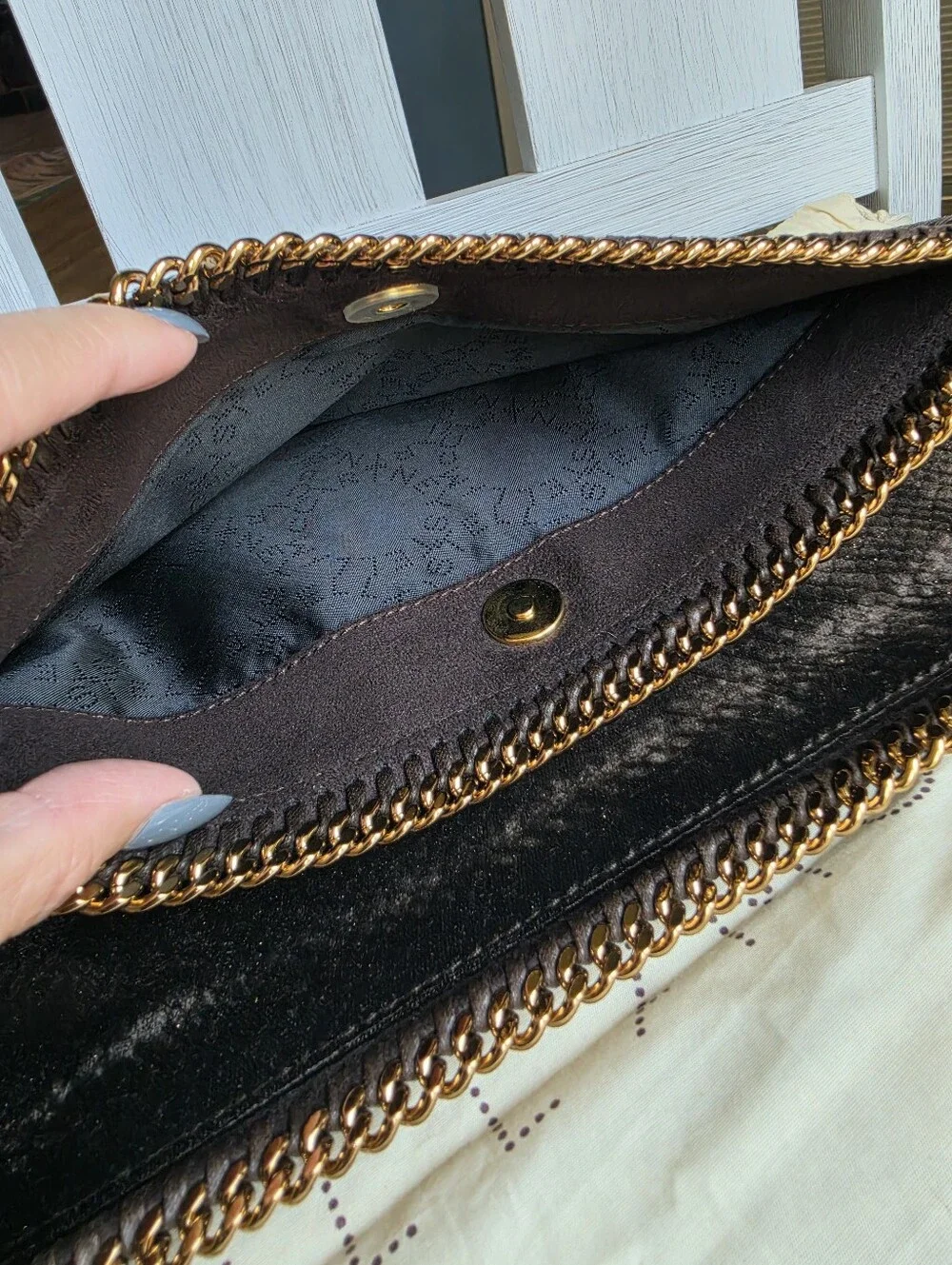 Stella McCartney Black Faux-Snake Foldover Chain Clutch with Gold Trim